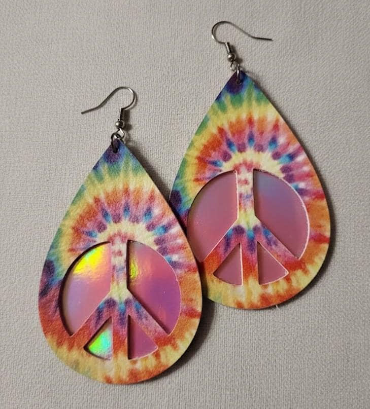 Tie Dye earrings Peace Sign Pot Leaf Faux Leather Boho Hippie Pendant Gift