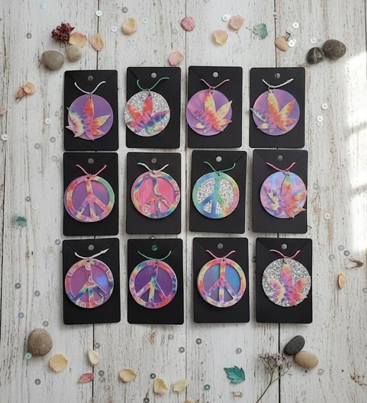 Tie Dye Boho Peace Sign Necklace, Pot Leaf Faux Leather Hippie Pendant, Festival Jewelry Gift for Her