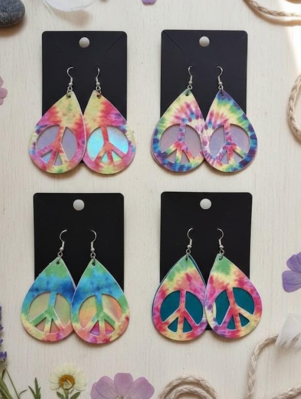 Tie Dye earrings Peace Sign Pot Leaf Faux Leather Boho Hippie Pendant Gift