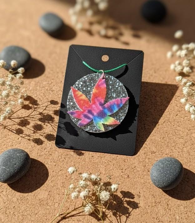 Tie Dye Boho Peace Sign Necklace, Pot Leaf Faux Leather Hippie Pendant, Festival Jewelry Gift for Her