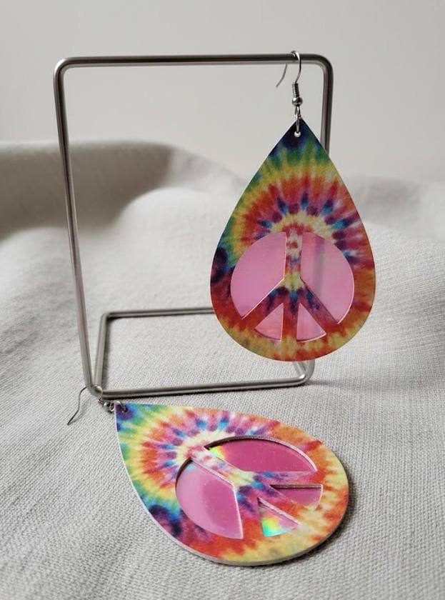 Tie Dye earrings Peace Sign Pot Leaf Faux Leather Boho Hippie Pendant Gift