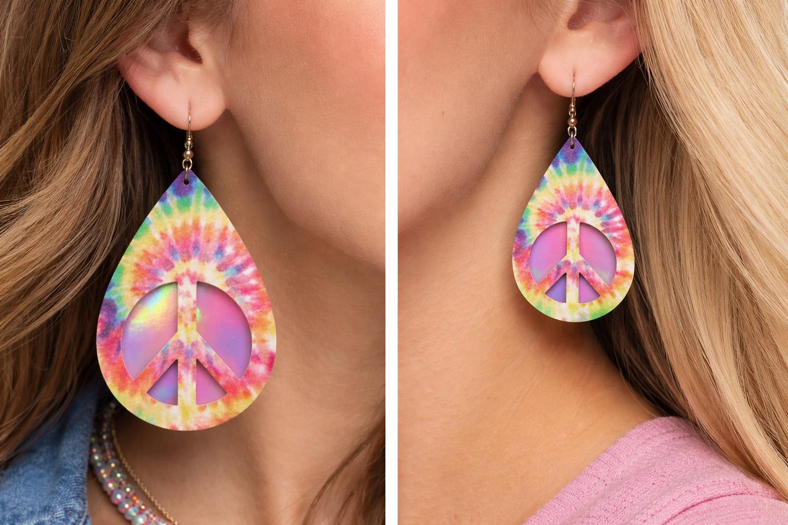 Tie Dye earrings Peace Sign Pot Leaf Faux Leather Boho Hippie Pendant Gift