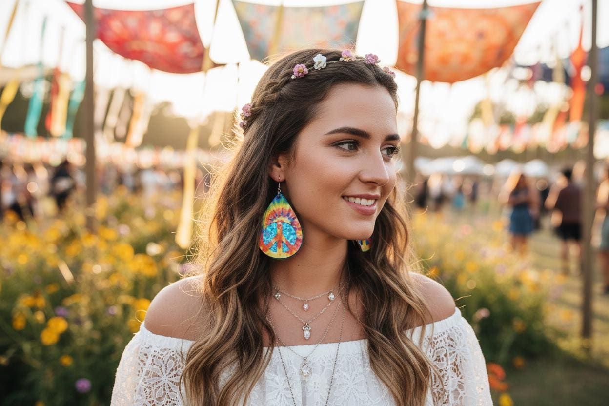Tie Dye earrings Peace Sign Pot Leaf Faux Leather Boho Hippie Pendant Gift