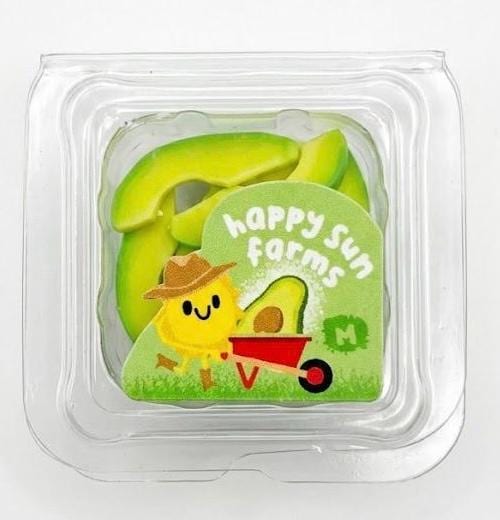 Avocado slices in a clear container with 'Happy Sun Farms' label on a white background
