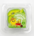 Avocado slices in a clear container with 'Happy Sun Farms' label on a white background