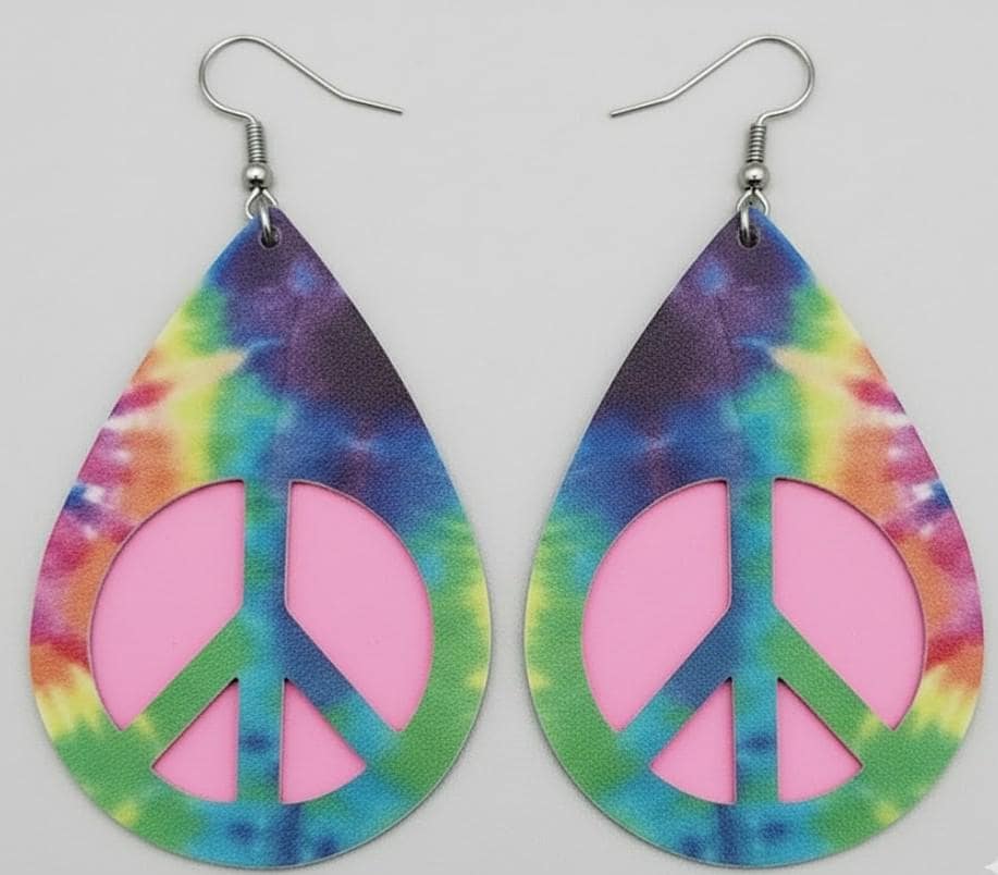 Tie Dye earrings Peace Sign Pot Leaf Faux Leather Boho Hippie Pendant Gift