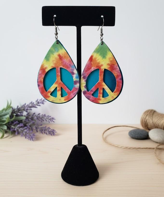 Tie Dye earrings Peace Sign Pot Leaf Faux Leather Boho Hippie Pendant Gift