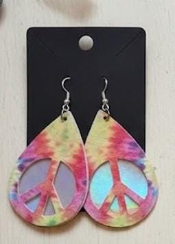 Tie Dye earrings Peace Sign Pot Leaf Faux Leather Boho Hippie Pendant Gift