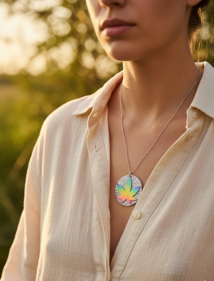 Tie Dye Boho Peace Sign Necklace, Pot Leaf Faux Leather Hippie Pendant, Festival Jewelry Gift for Her
