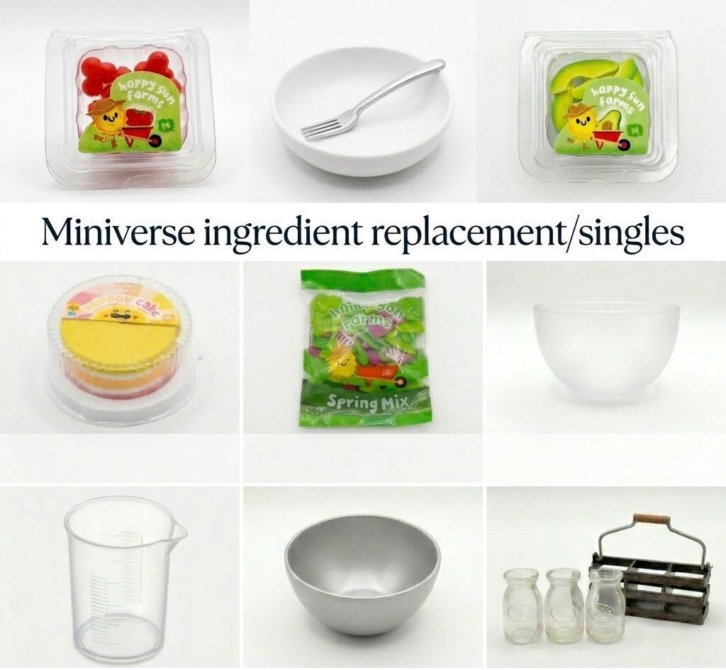 Collage of various kitchen items and packaging with text 'Miniverse ingredient replacement/singles'.