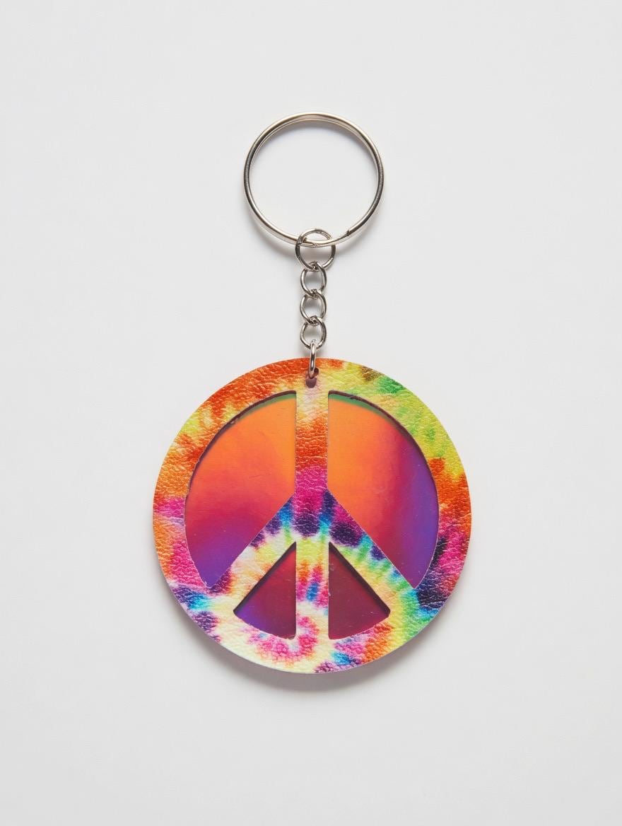 Keychain with a tie-dye peace symbol design on a white background