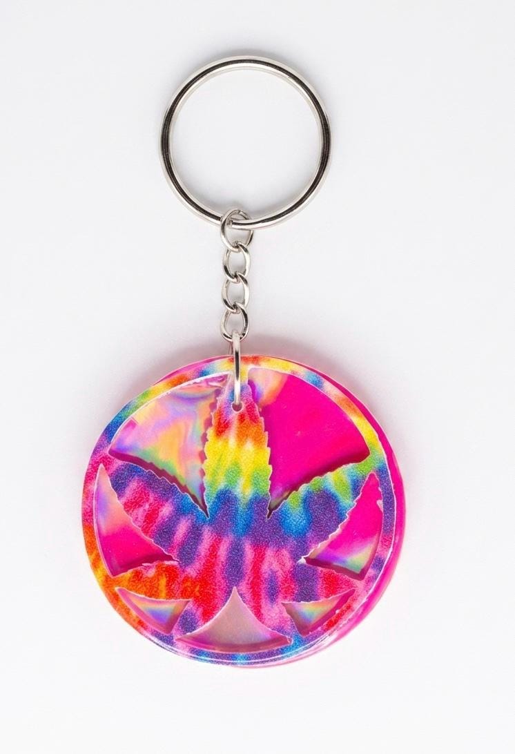 Colorful tie-dye keychain with a white background