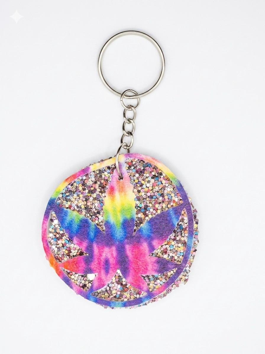 Colorful tie-dye keychain with glitter on a white background