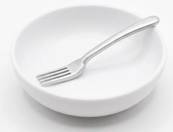 White plate with a silver fork on a white background
